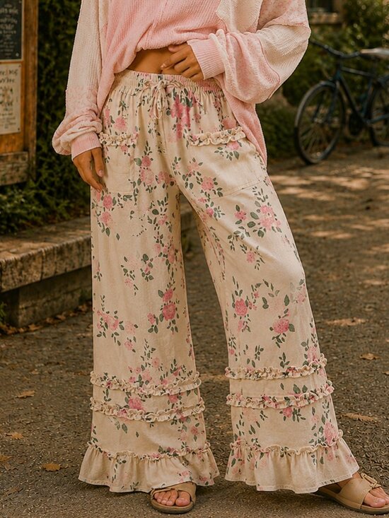 BiBi Pants - BiBi Floral Denim Ruffle Wide Leg Pants Cottagecore Boho Tiered Palazzo Pants